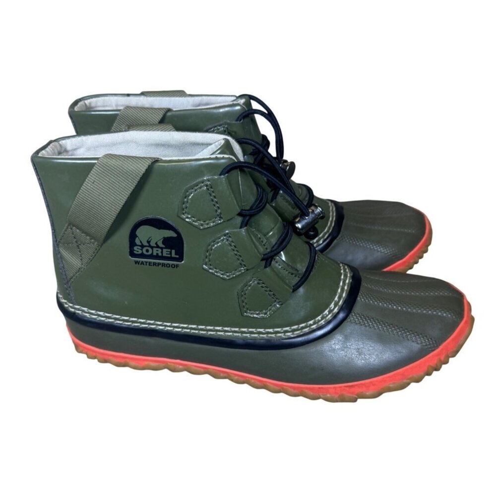 Sorel Waterproof Women's Size 8 Duck Boots Olive Green & Orange Rubber Sole